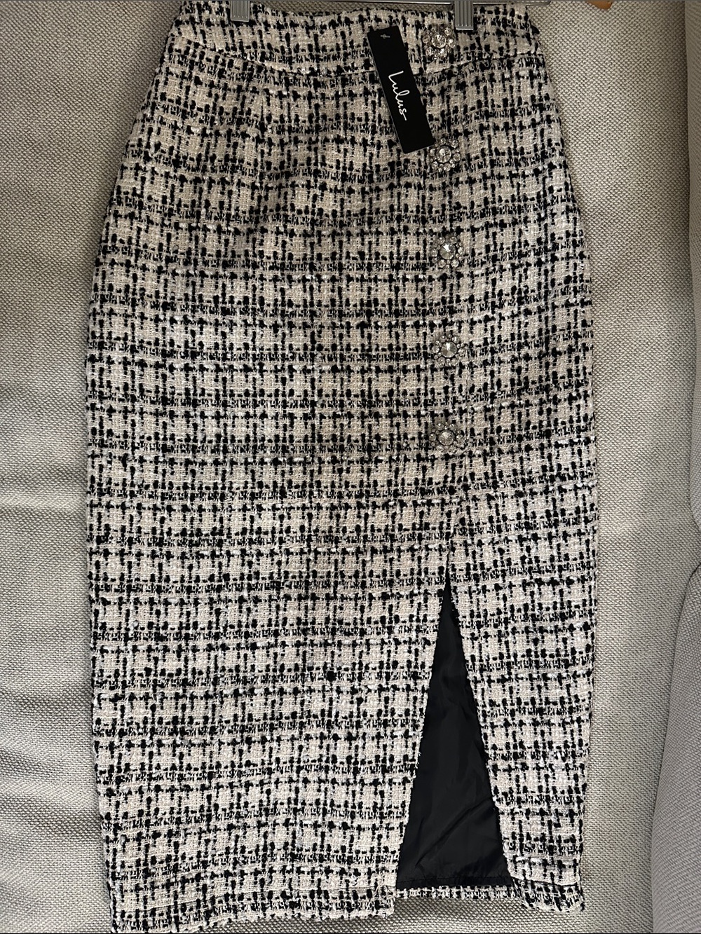 Lulu's Black and White Tweed Pencil Skirt with Front Slit